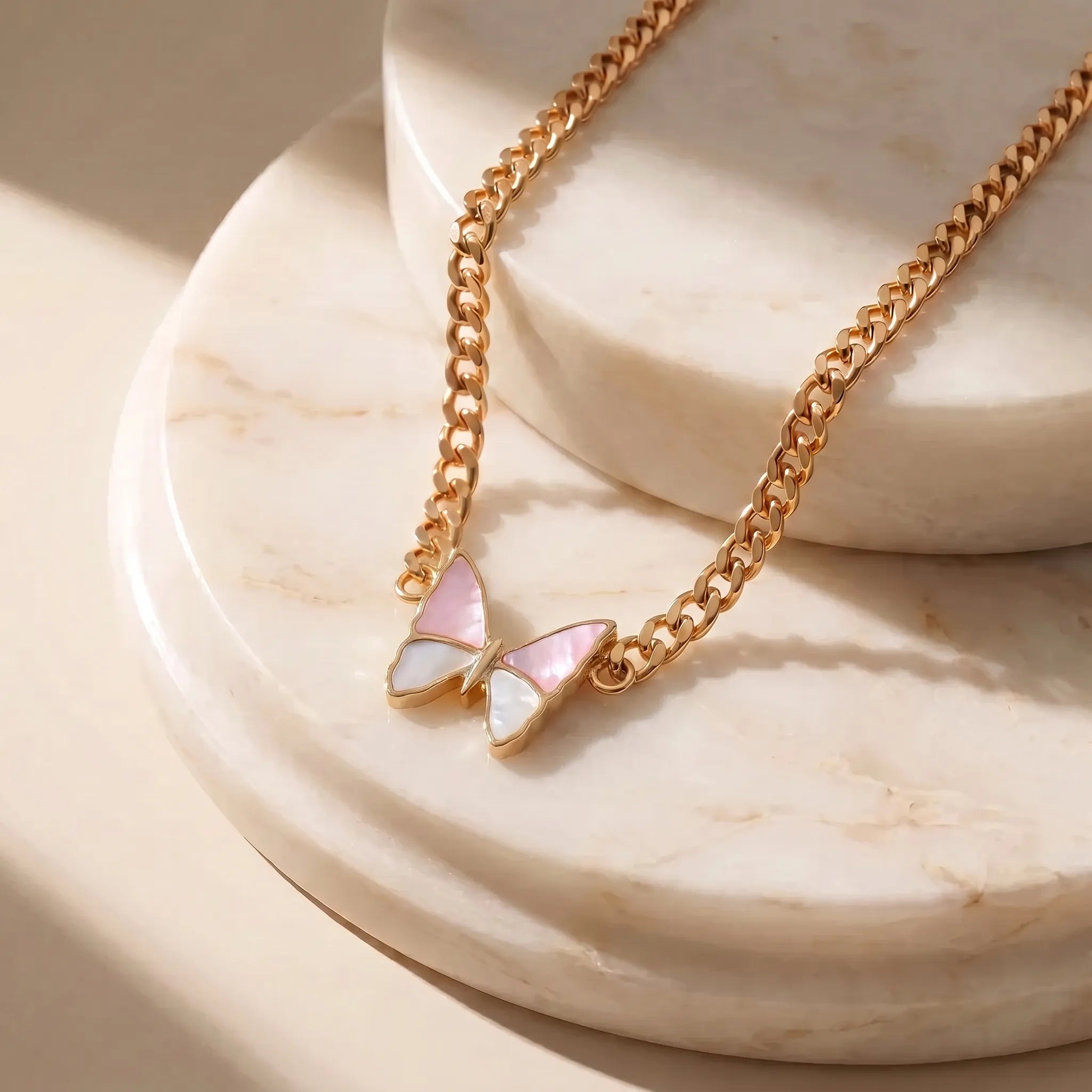 14K Gold-Plated Pink/White Mother-of-Pearl Butterfly Necklace