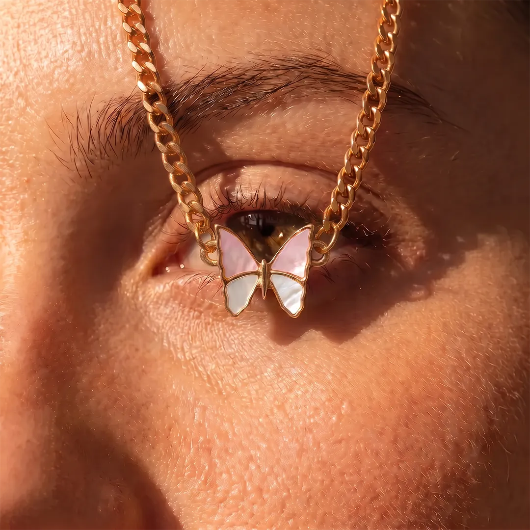 14K Gold-Plated Pink/White Mother-of-Pearl Butterfly Necklace