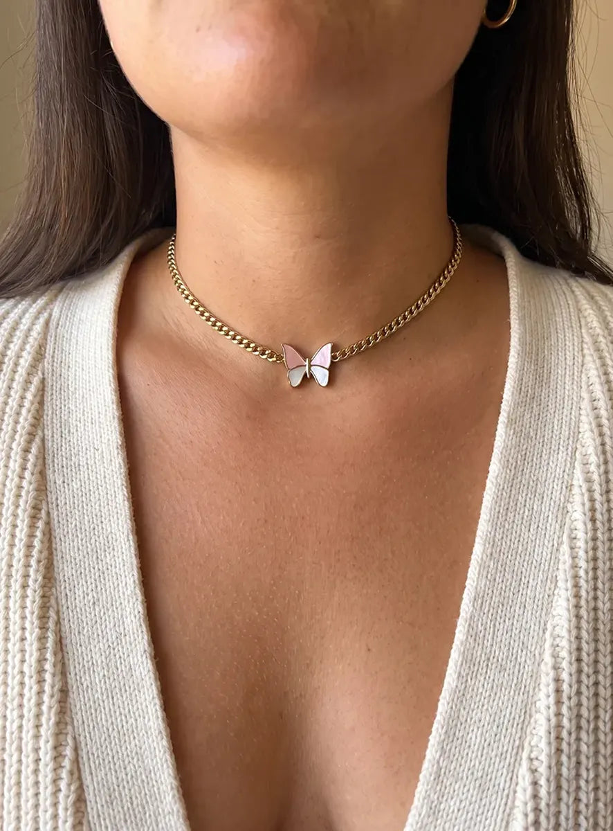 14K Gold-Plated Pink/White Mother-of-Pearl Butterfly Necklace