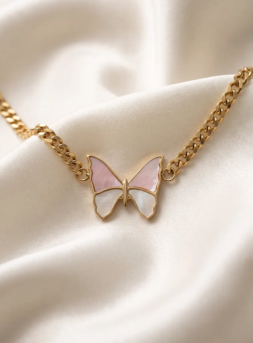 14K Gold-Plated Pink/White Mother-of-Pearl Butterfly Necklace