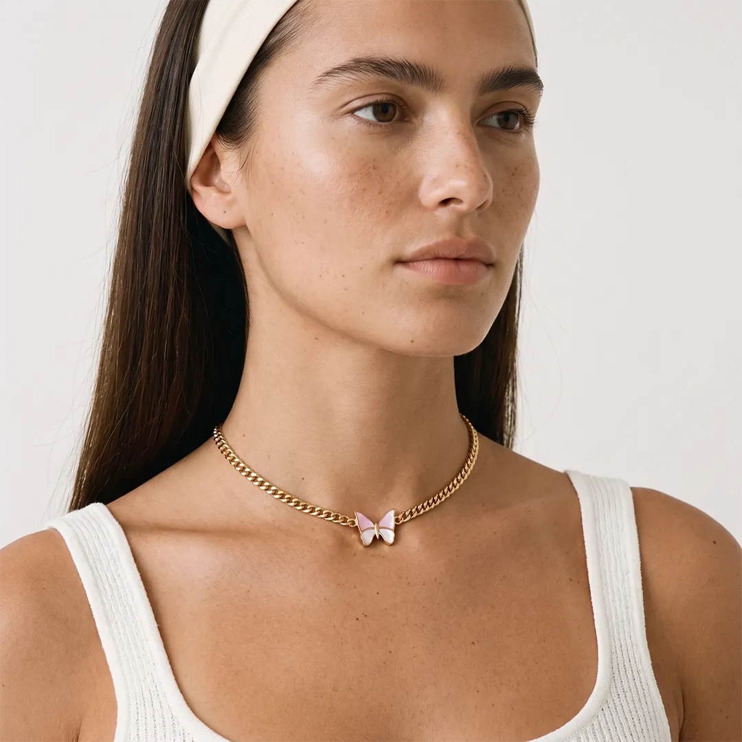 14K Gold-Plated Pink/White Mother-of-Pearl Butterfly Necklace