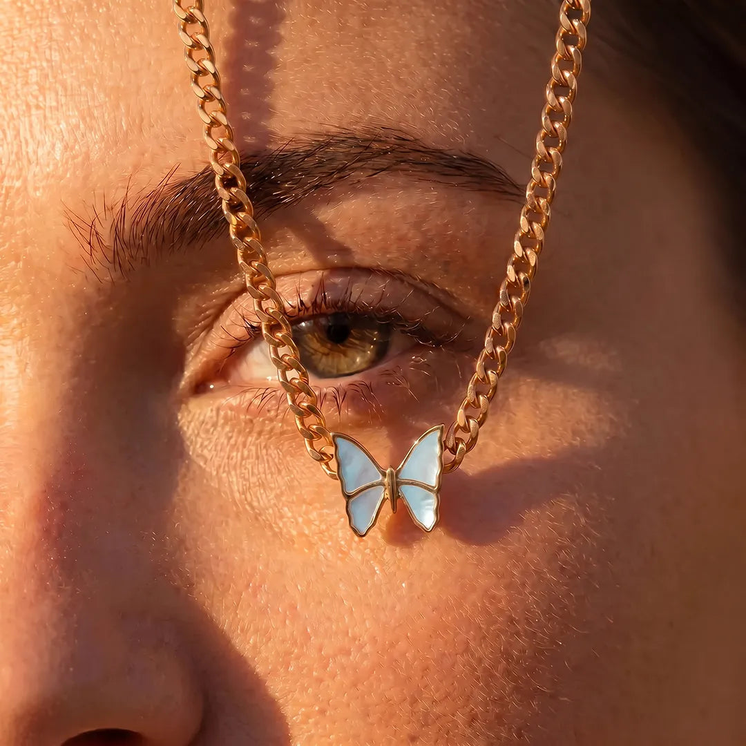 14K Gold-Plated Pale Blue Mother-of-Pearl Butterfly Necklace