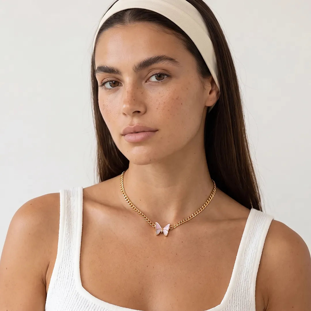 14K Gold-Plated Pink/White Mother-of-Pearl Butterfly Necklace