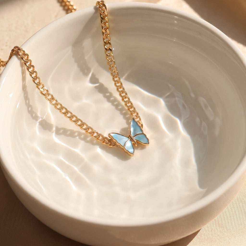 14K Gold-Plated Pale Blue Mother-of-Pearl Butterfly Necklace