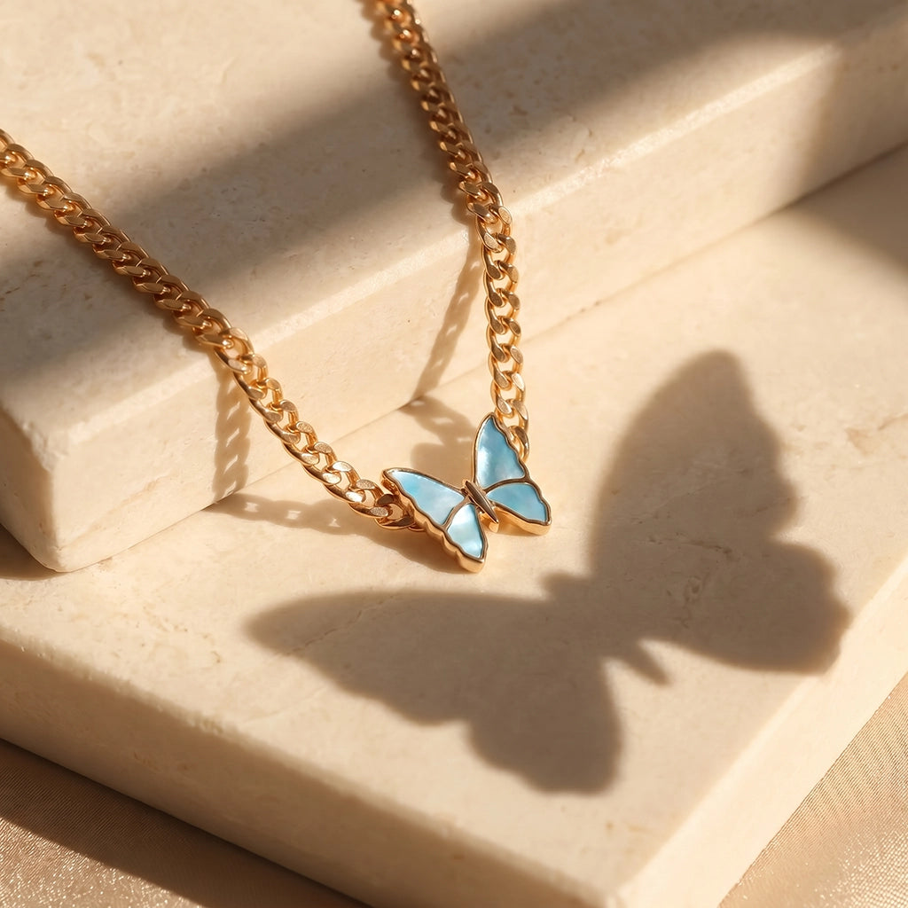 14K Gold-Plated Pale Blue Mother-of-Pearl Butterfly Necklace