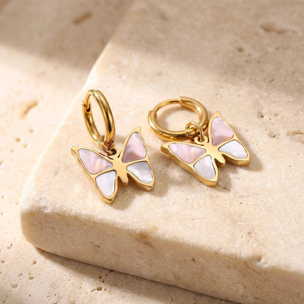 14K Gold-Plated Pink/White Mother-of-Pearl Butterfly Earring