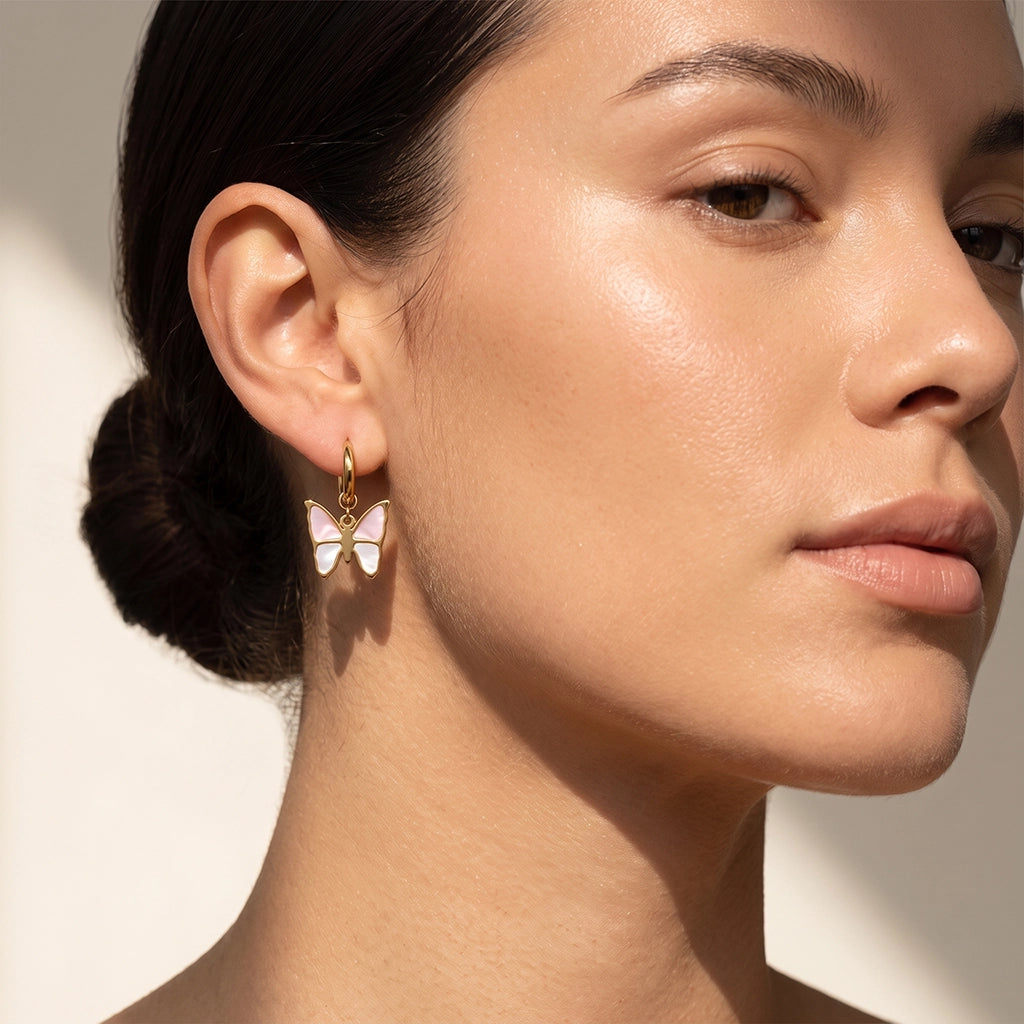 14K Gold-Plated Pink/White Mother-of-Pearl Butterfly Earring